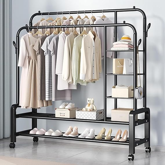 Double row clothes rack with shelves
