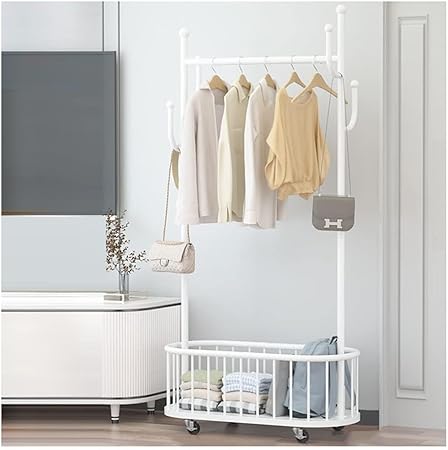 White Clothes Rack with Storage Basket and Wheels