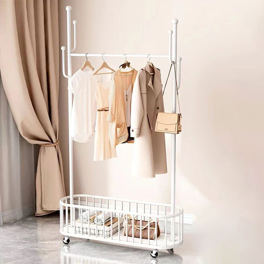 White Clothes Rack with Storage Basket and Wheels