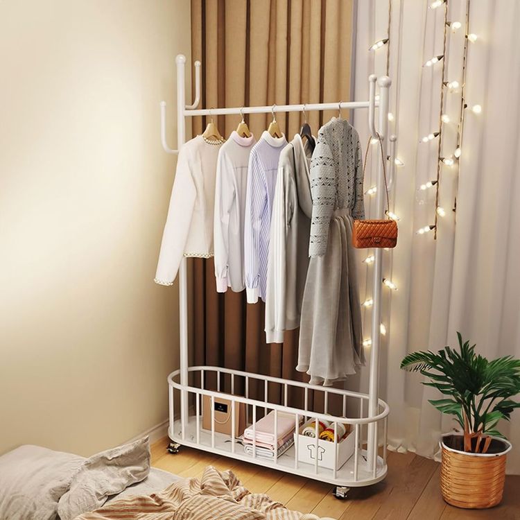 White Clothes Rack with Storage Basket and Wheels
